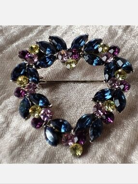 Signed Multi Colored Navette Stone Heart Brooch Sapphire Purple Citrine Pink EUC
